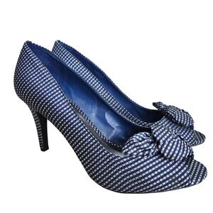 Ann Marino Peep Toe Pumps Women Size 10M Blue Gingham Plaid Bow Heels Rockabilly